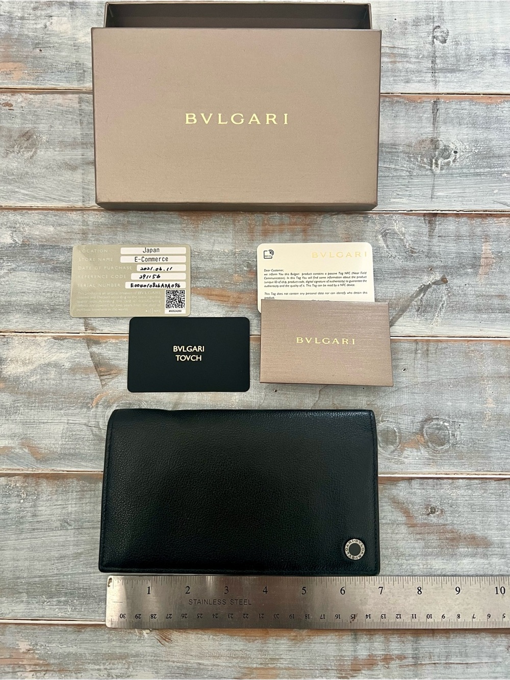 BVLGARI Black Leather Long Wallet — RFID — Complete Set with Box & Cards